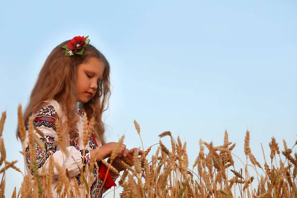 Fată Îmbrăcată Într Cămașă Brodată Mac Păr Câmp Grâu Auriu — Fotografie, imagine de stoc