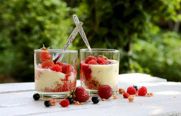 Müsli Joghurt Und Smoothies Aus Frischen Beeren Himbeeren Erdbeeren Johannisbeeren — Stockfoto