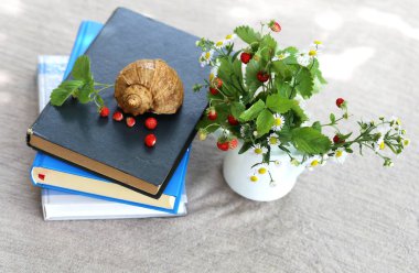 Kırmızı, olgun çilekler ve çiçeklerle dolu bir kupa ve bahçedeki bir masanın üzerindeki bir yığın kitabın üzerindeki çilek yapraklarından.