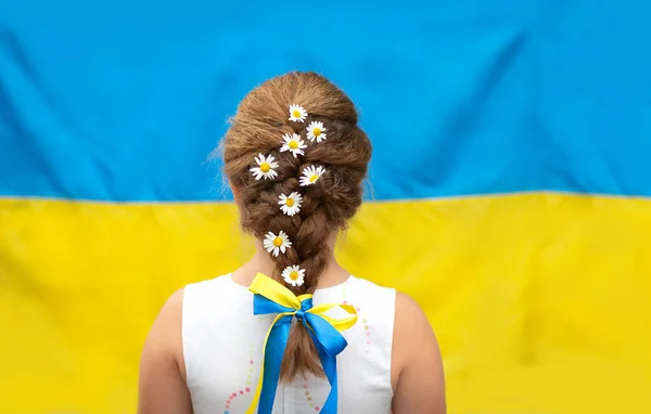 Una Niña Con Margaritas Una Trenza Una Cinta Amarilla Azul — Foto de Stock