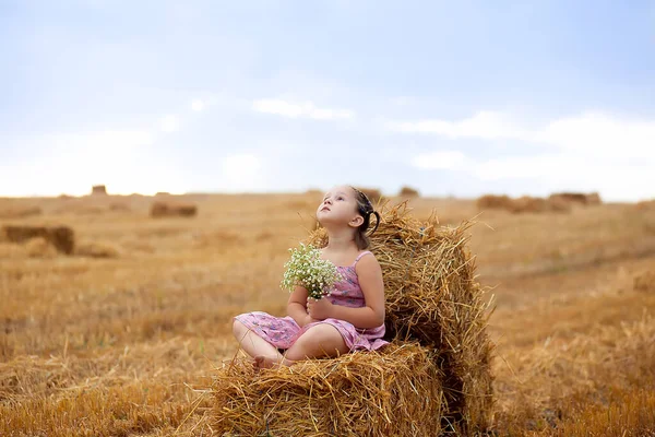 Jolie Petite Fille Avec Bouquet Daises Assis Sur Une Pile — Photo