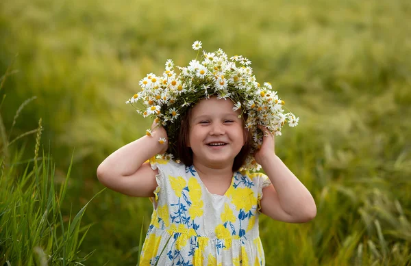 Carino Poco Sorridente Ragazza Nella Ghirlanda Camomilla Sul Campo — Foto Stock