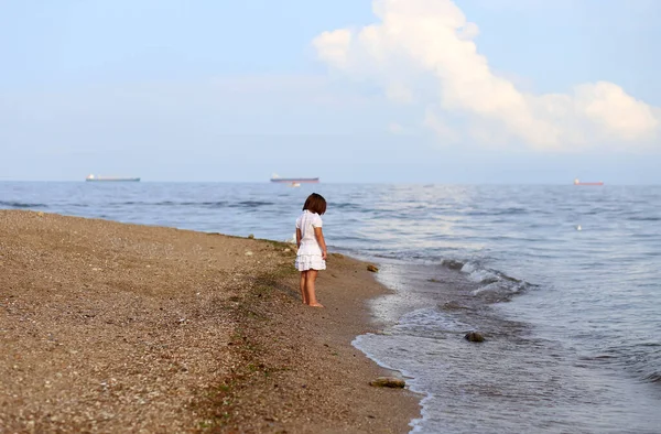 熱帯浜海に直面している立っている幼児の女の子の背面図 — ストック写真