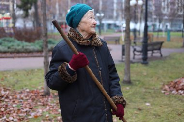 Sonbahar mevsimi, ölü yaprakları ek gelir olarak topluyor. Tırmık kullanan yaşlı bir kadın çimenlikteki ölü yaprakları temizliyor. Yaşlıların temiz havasında çalış..