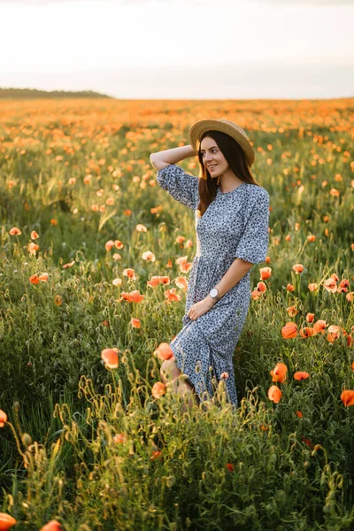 Mulher Nova Surpreendente Chapéu Vestido Azul Posando Campo Papoilas Bonita — Fotografia de Stock