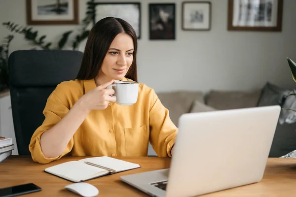 Strzał w głowę przyjemna młoda kobieta freelancer pracuje na komputerze w domu. Atrakcyjna bizneswoman studiuje online, za pomocą oprogramowania laptopa, informacji surfingu internetowego lub zakupy w sklepie internetowym. — Zdjęcie stockowe