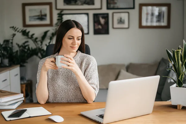 Disparo en la cabeza agradable joven feliz freelancer que trabaja en el ordenador en casa. Atractiva mujer de negocios que estudia en línea, utilizando software para computadora portátil, información de navegación web o compras en la tienda de Internet. — Foto de Stock