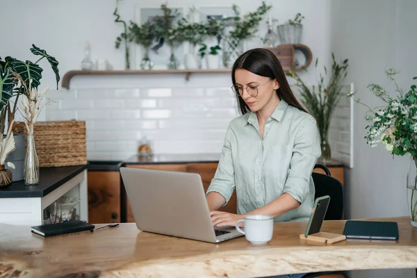 Disparo en la cabeza agradable joven feliz freelancer que trabaja en el ordenador en casa. Atractiva mujer de negocios que estudia en línea, utilizando software para computadora portátil, información de navegación web o compras en la tienda de Internet. — Foto de Stock