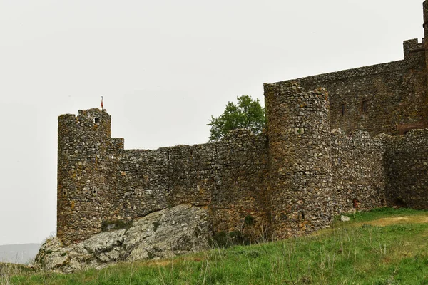 Salvatierra de los Barros tepesindeki eski şatoda ağaçlar ve çimenler