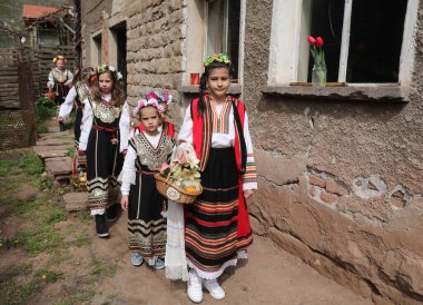 Gara Bov, Bulgarya- 24 Nisan 2021: Kızlar saçlarını renkli ve zengin bir şekilde süslüyor ve köyde dolaşıp şarkılar söyleyip dans ediyorlar, bu şekilde evlenmeye hazır olduklarını gösteriyorlar.
