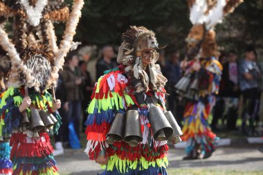 Zemen, Bulgaristan - 15 Mart 2025: Bulgaristan 'ın Zemen kentinde maskeli balo festivali Surva. Kukeri adındaki maskeli insanlar dans ediyor ve kötü ruhları korkutmak için gösteri yapıyorlar..