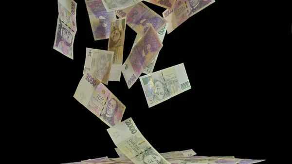Düşen banknotlar, Çekçe iki bin kron ve bin kron banknot, karanlık bir arka planda özgürce düşüyor, yakın plan.