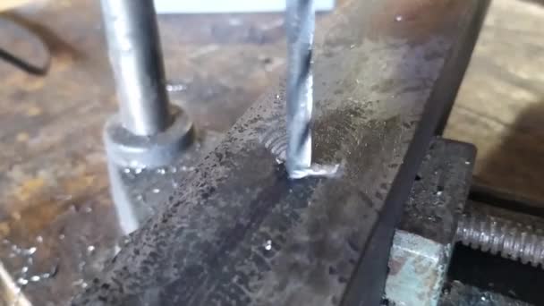 Slow Motion Detail Drill Bit Drilled Steel Piece Iron Detail — Stock Video