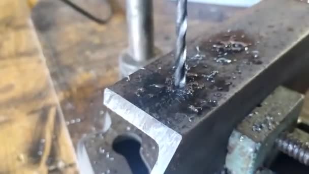 Slow Motion Detail Drill Bit Drilled Steel Piece Iron Detail — Stock Video