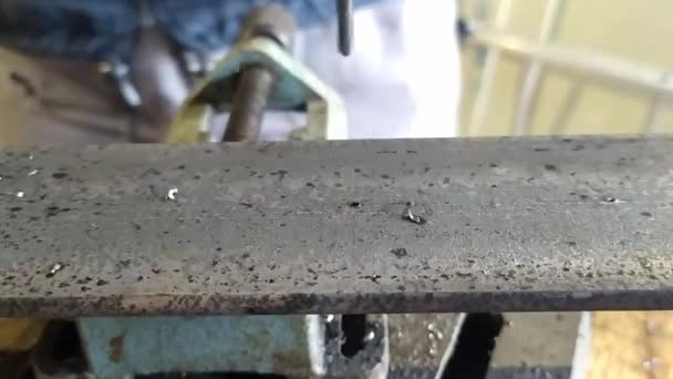 Slow Motion Detail Drill Bit Drilled Steel Piece Iron Detail — Stock Video