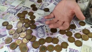 Üzerinde 50 kronluk paraların düştüğü bir adamın yakın plan görüntüsü. Arka planda Çek 1,000 ve 2000 banknot var. 