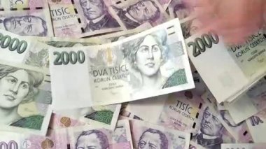 Arka planda iki bin Çek Koruna banknotundan oluşan yığını sayan bir erkeğin yakın plan görüntüsü, gevşek aralıklarla 1000 kron, para 