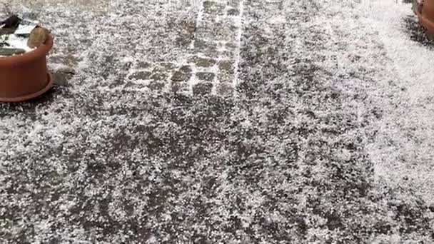 Vista Caduta Grandine Sul Cortile Una Casa Famiglia Fredda Giornata — Video Stock