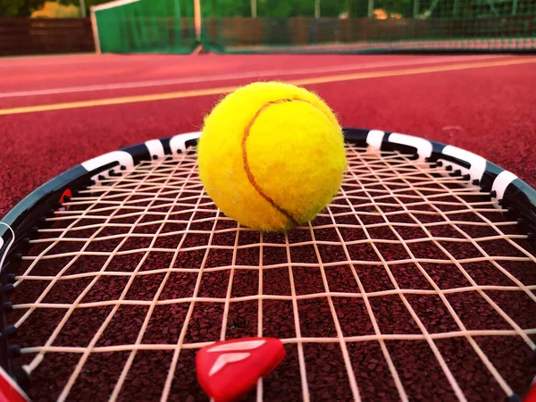 Tjeckien 2021 Närbild Tennisracket Vilken Tennisboll Placerad Bakgrunden Ett Tennisnät — Stockfoto