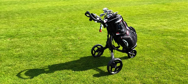 Golf bag on wheels full of golf clubs from a live golf course, golf bag on a green course, photo