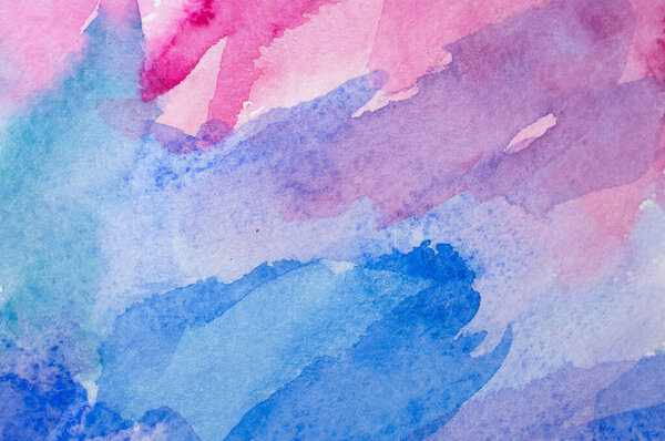 Abstract watercolor background with colorful different layers on paper texture, pink blue art