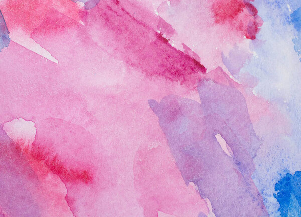 Abstract watercolor background with colorful different layers on paper texture, pink blue art