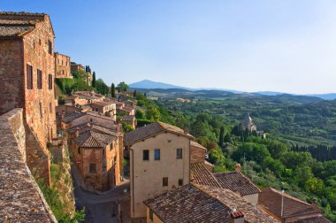Montepulciano Toskana 'da, Eski şehir panoramik manzarası, Toskana kırsal alanı, İtalya, Avrupa