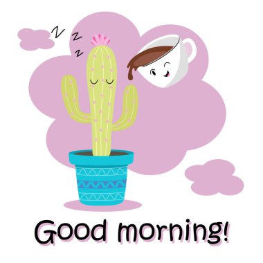 Şirin kaktüs çiziyor. Günaydın, beyaz üzerine kahve.
