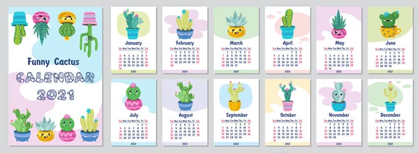 Kalendarz 2021. Wektor giełdowy. Zabawny i uroczy kalendarz z ręcznie rysowane soczewki i kaktusów. — Wektor stockowy