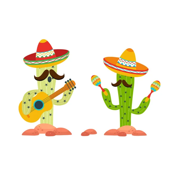 Mexico icons cactus in sombrero with guitar and maracas on white - Stok Vektor