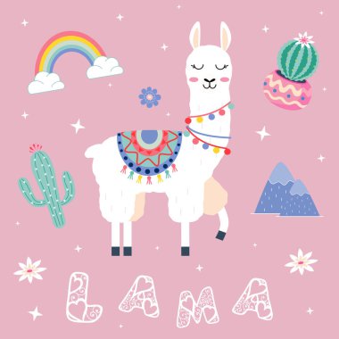 Pembe üzerine kaktüs gökkuşağı vektör tasarımı olan şirin çizgi film lama.