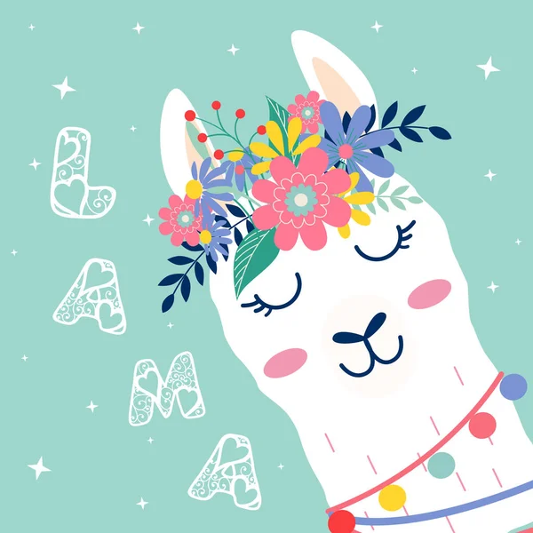 Leuke Cartoon Lama Hoofd Met Bloemen Vector Ontwerp Groen — Stockvector