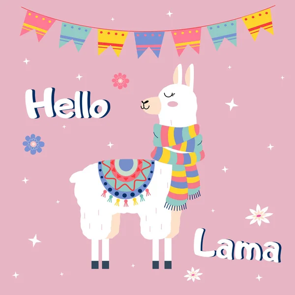 Nettes Cartoon Lama Mit Kaktus Regenbogen Vektor Design Auf Rosa — Stockvektor