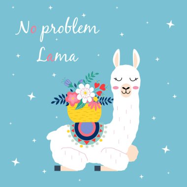 Şirin çizgi film lama. Mavi vektör tasarımı sorun değil.