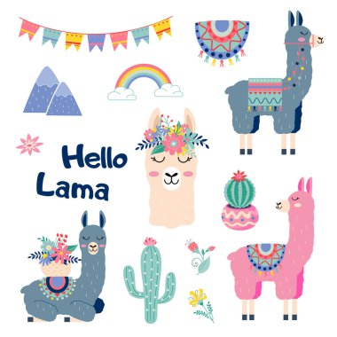 Beyaz üzerine kaktüs gökkuşağı dağ vektör tasarımı dizayn edilmiş şirin çizgi film lama.