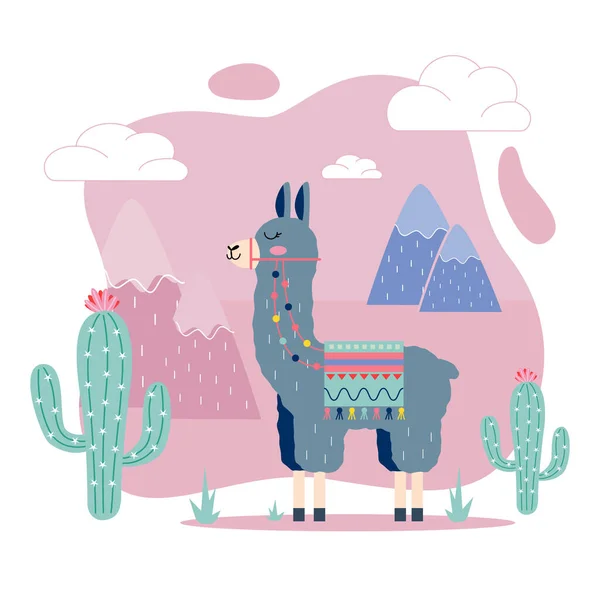 Carino Lama Cartone Animato Con Cactus Montagna Disegno Vettoriale Rosa — Vettoriale Stock