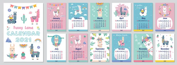 2021 Słodki Miesięczny Kalendarz Lamą Bagażem Kaktusem Geometryczny Dla Dzieci — Wektor stockowy