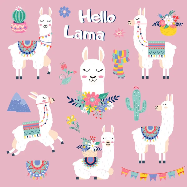 Cute Cartoon Lama Set Cactus Rainbow Mountains Vector Design White — Stock Vector