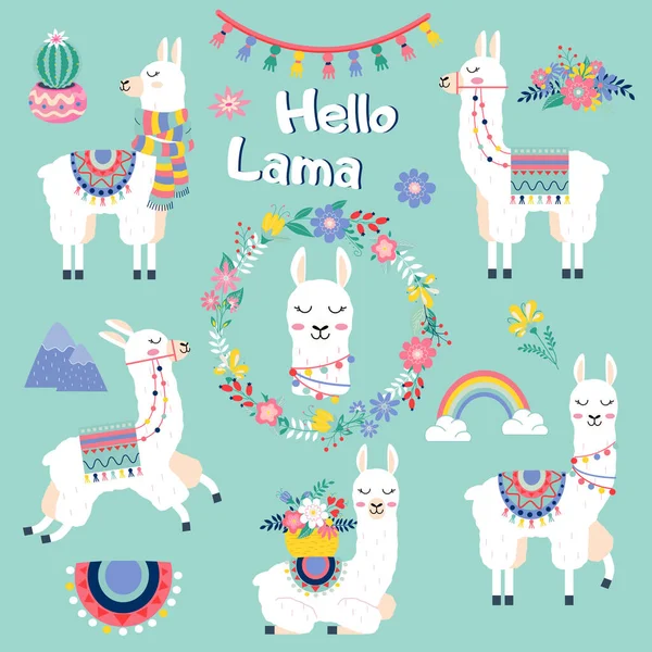 Cute Cartoon Lama Set Cactus Rainbow Wreath Mountains Vector Design — Stock Vector