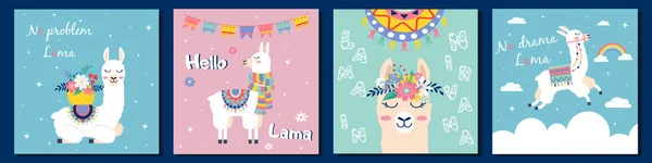 Leuke Cartoon Lama Set Met Cactus Regenboog Cactus Vector Ontwerp — Stockvector