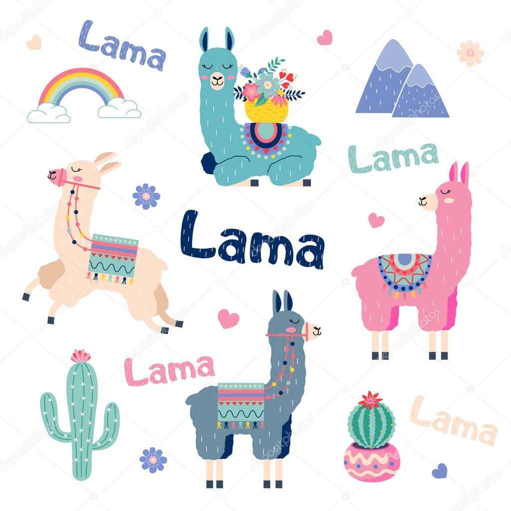 Cute cartoon lama set with cactus rainbow vector design on white