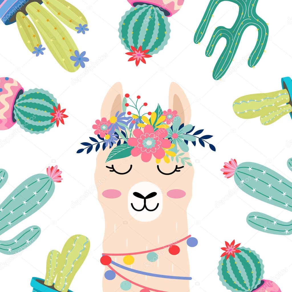 Cute cartoon lama head with flowers and cactus vector design on white