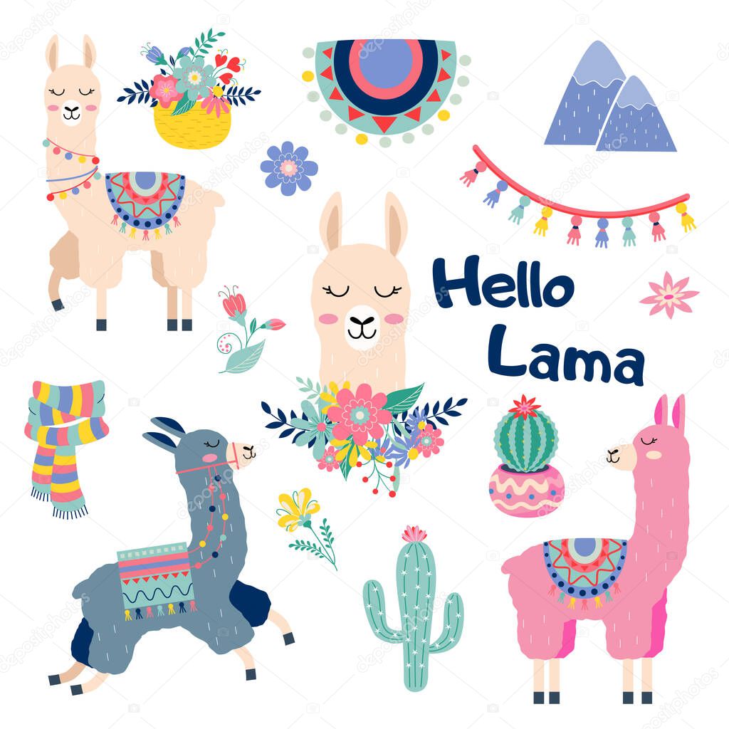 Cute cartoon lama set with cactus rainbow mountains vector design on white