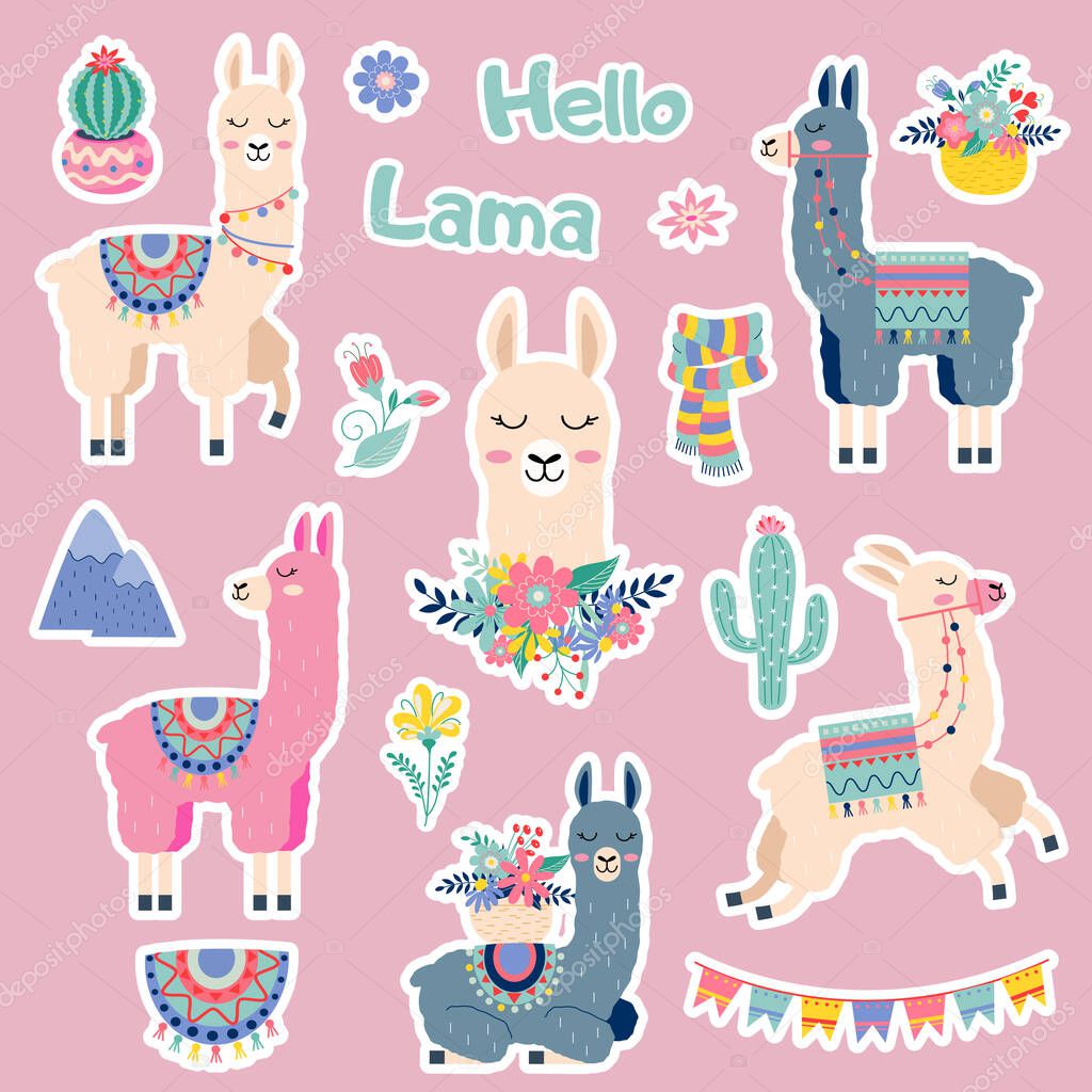 Cute cartoon sticker lama set with cactus rainbow mountains vector design on white