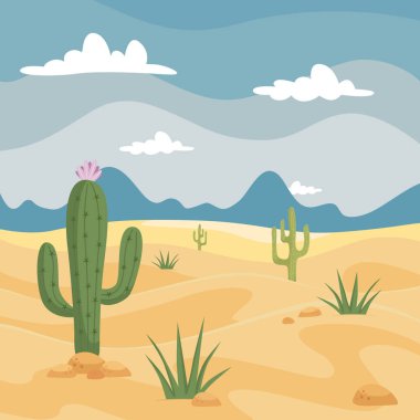 Çölde kaktüs çizmek, dağlar mavi gökyüzü arkaplanı