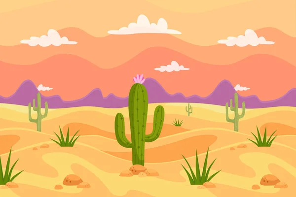 Dibujo del patrón Cactus en el desierto con fondo de la puesta del sol de las montañas — Vector de stock