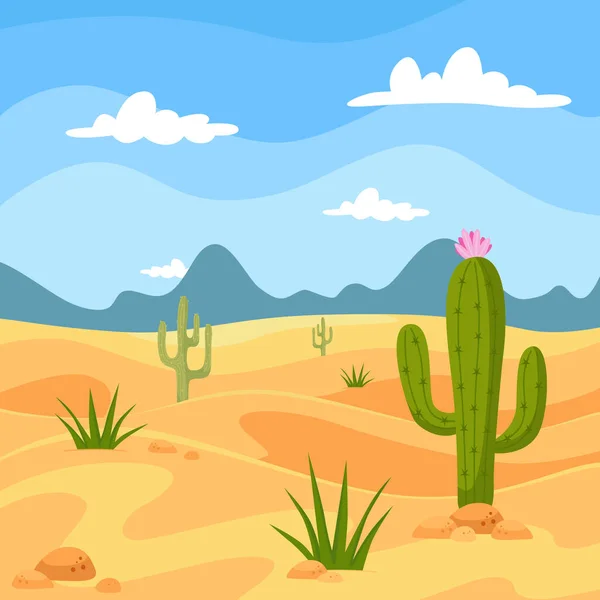 Dibujo Cactus en el desierto con montañas fondo azul cielo — Archivo Imágenes Vectoriales