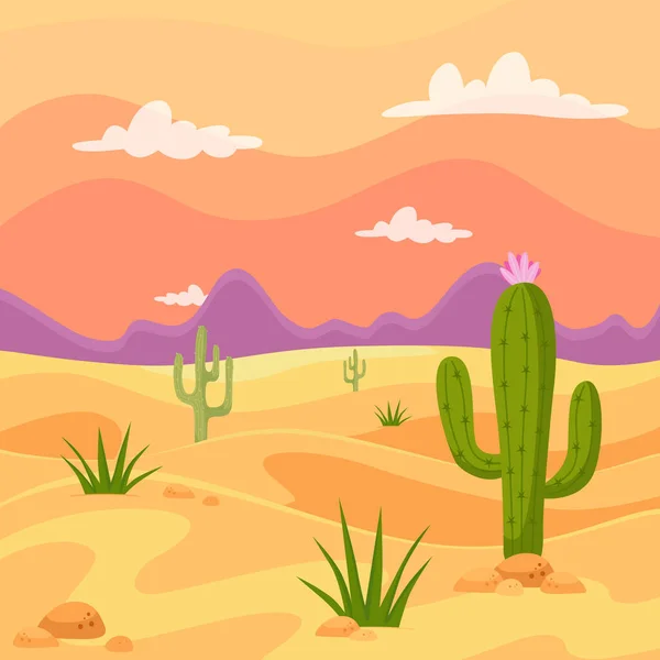 Disegno Cactus nel deserto con montagne sfondo tramonto — Vettoriale Stock