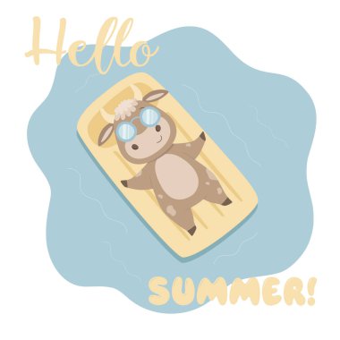 Merhaba yaz. Gözlüklü ve şilteli şirin boğalar. Yaz ve bahar, beyaz arka planda izole edilir. Vektör grafikleri