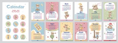 2021 yılı çizgi filmlerdeki şirin boğaların takvimi beyaz arka planda izole edilmiş pozlar veriyor. Vektör grafikleri